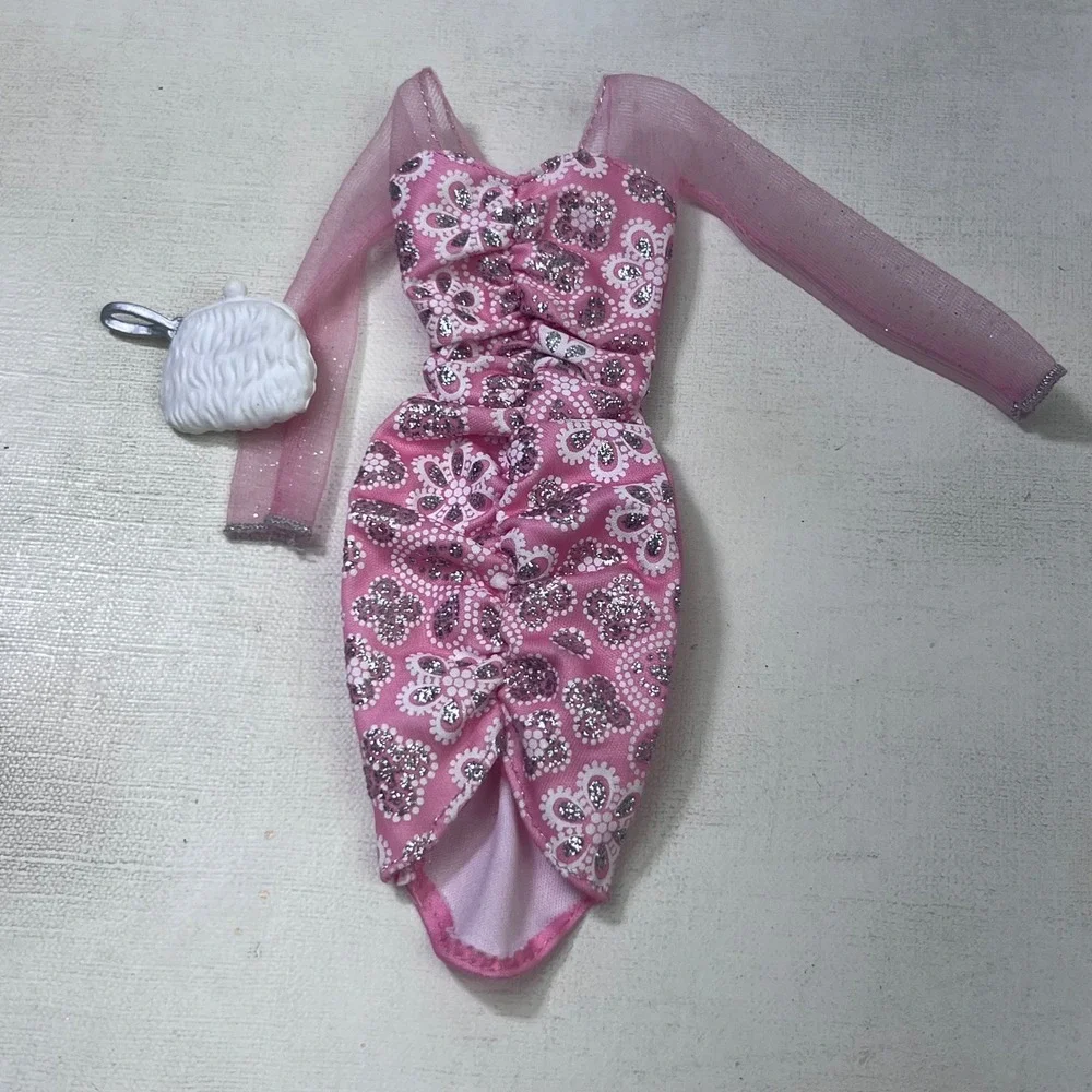 Barbie Pink Glitter Floral Ruched Dress Sheer Sleeves and White Purse Accessory
